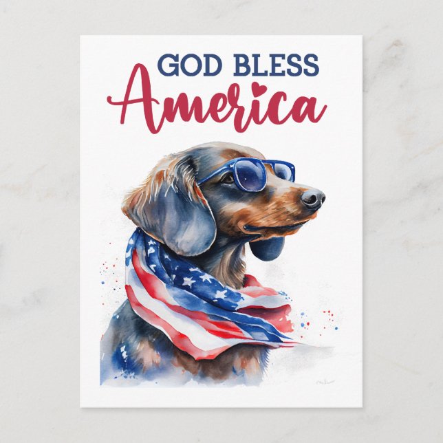 Patriotic Dachshund, God Bless America Postcard (Front)
