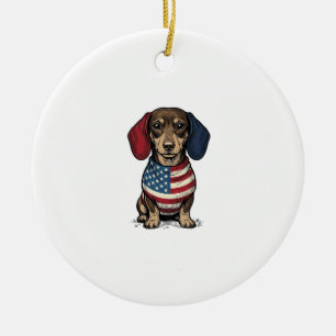 Patriotic Dachshund Vintage Engraving Vector Desig Ceramic Tree Decoration