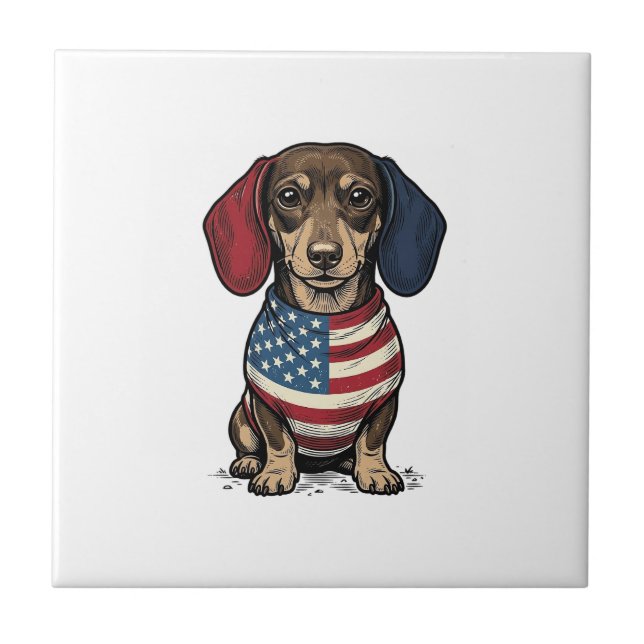 Patriotic Dachshund Vintage Engraving Vector Desig Tile (Front)