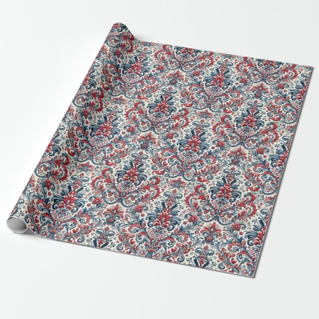 Patriotic Damask Wrapping Paper (Unrolled)