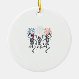 Patriotic Dancing Skeleton Fireworks Vintage Shirt Ceramic Tree Decoration