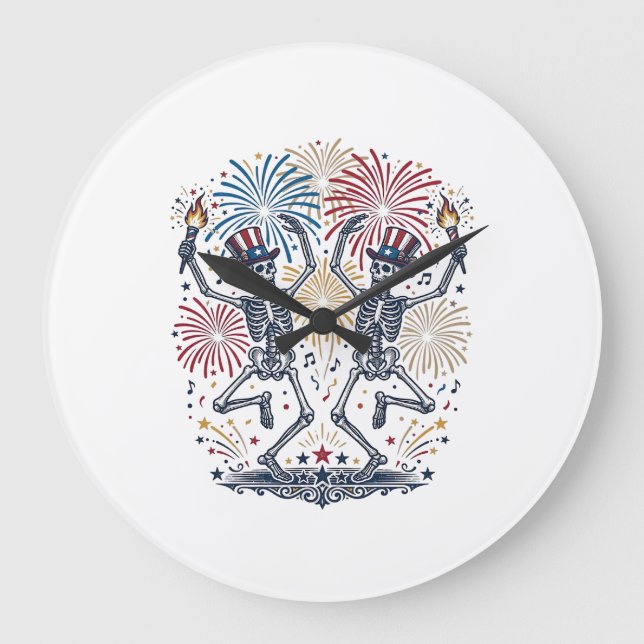 Patriotic Dancing Skeletons Fireworks 4th of July  Large Clock (Front)
