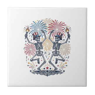 Patriotic Dancing Skeletons Fireworks 4th of July Tile