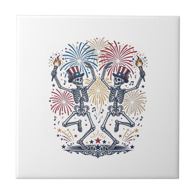 Patriotic Dancing Skeletons Fireworks 4th of July  Tile (Front)