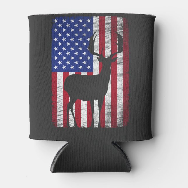 Patriotic Deer Hunting Hunter Dad American Flag Can Cooler (Front)