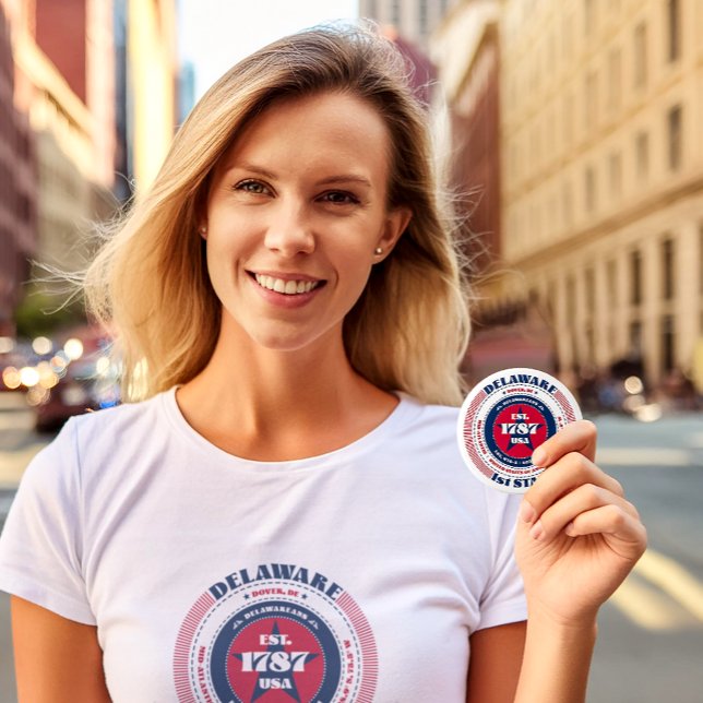Patriotic Delaware Circle with State Details 6 Cm Round Badge (A young woman holding the Delaware Circle button designed by The American Family.)