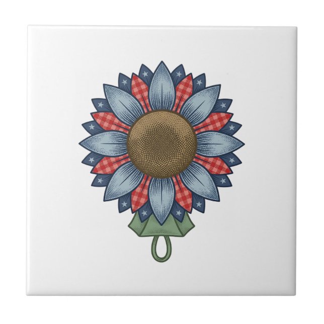Patriotic Denim Sunflower Ornament Vintage Tile (Front)