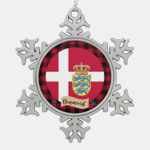 Patriotic Denmark, buffalo plaid, Danish Flag Snowflake Pewter Christmas Ornament