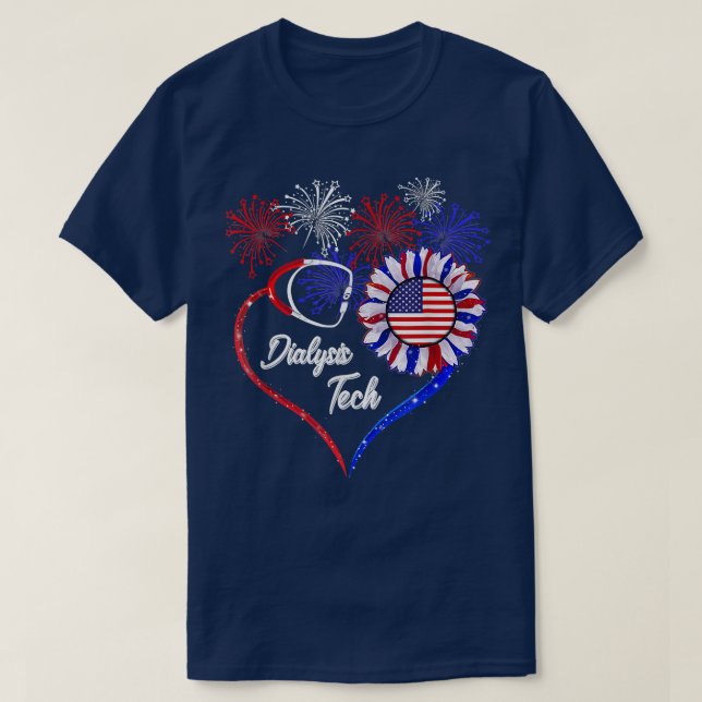 Patriotic Dialysis Tech  American Flag Sunflower L T-Shirt (Design Front)