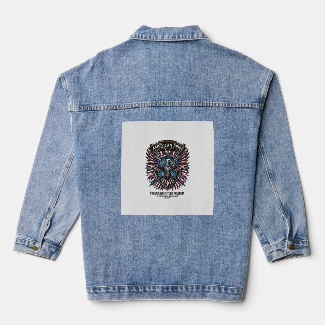Patriotic Digital Flag Guardian Cyberpunk Future F Denim Jacket (Back)