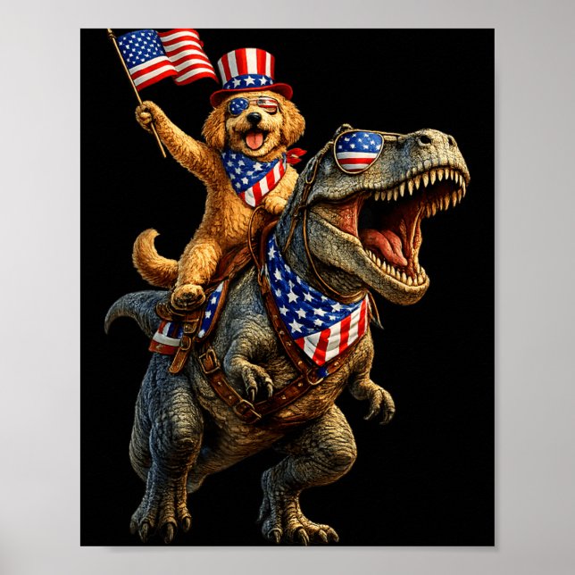 Patriotic Dinosaur Goldendoodle 4th Of July Poster (Front)