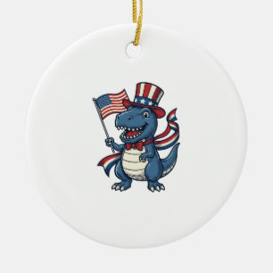 Patriotic Dinosaur Vintage Vector Shirt Design_1 Ceramic Tree Decoration