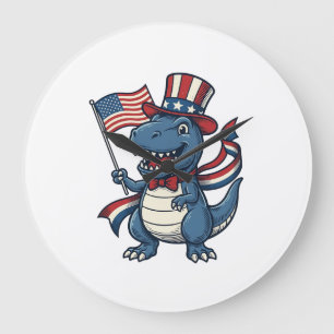 Patriotic Dinosaur Vintage Vector Shirt Design_1 Large Clock