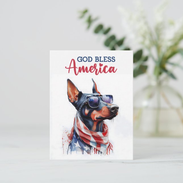 Patriotic Doberman, God Bless America Postcard (Standing Front)