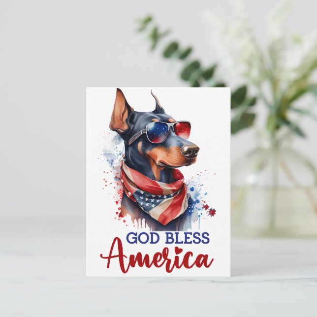 Patriotic Doberman, God Bless America Postcard (Standing Front)