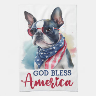 Patriotic Dog-Boston Terrier Tea Towel