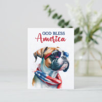 Patriotic Dog-Boxer, God Bless America Postcard