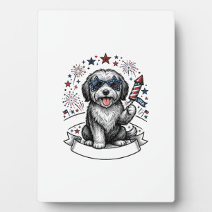 Patriotic Dog Fireworks Vintage Vector Shirt_1 Plaque