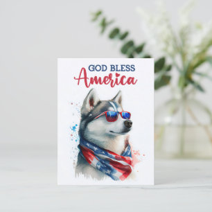 Patriotic Dog-Husky, God Bless America Postcard