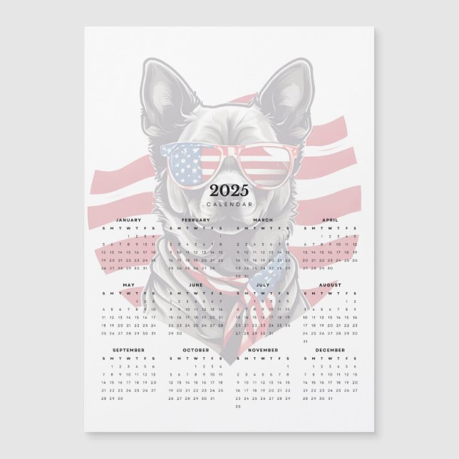 Patriotic Dog Red White Blue 2025 Magnet Calendar (Front)