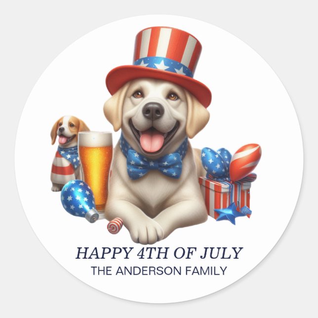 Patriotic Dog Top Hat Red White Blue 4th July  Classic Round Sticker (Front)