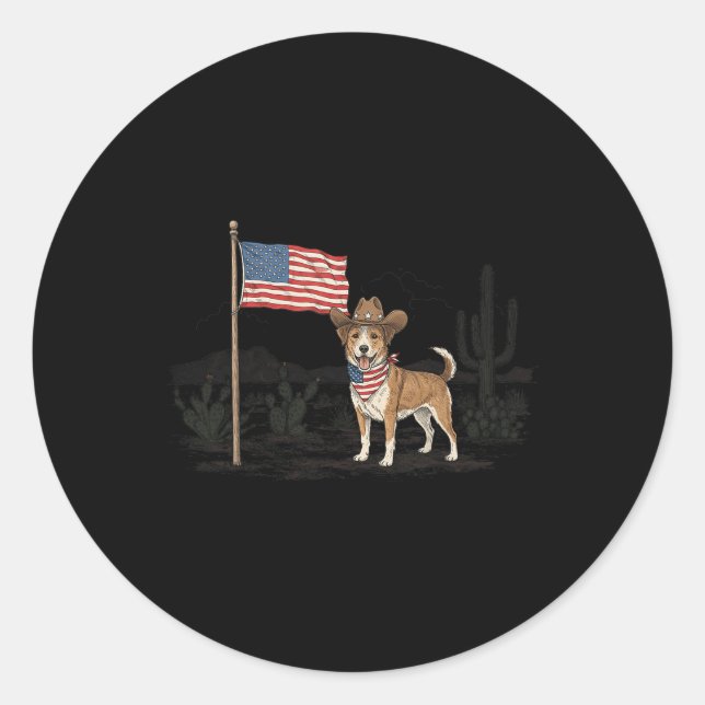 Patriotic Dog Usa 4th Of July American Flag Wester Classic Round Sticker (Front)