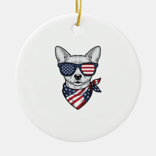 Patriotic Dog with Flag Sunglasses Vintage Vector Ceramic Tree Decoration