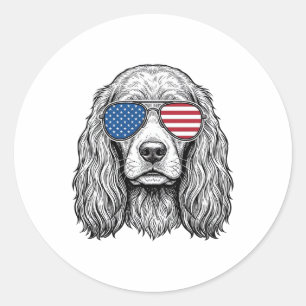 Patriotic Dog with Flag Sunglasses Vintage Vector_ Classic Round Sticker