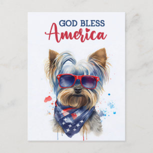 Patriotic Dog-Yorkie, God Bless America Postcard