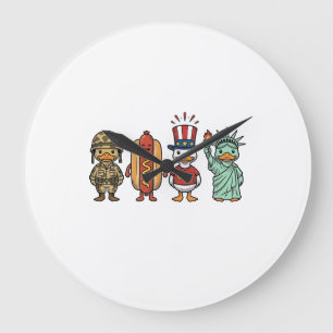 Patriotic Duck and Hot Dog Vintage Vector Shirt_1 Large Clock