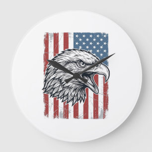 Patriotic Eagle American Flag Vintage Engraving_1 Large Clock