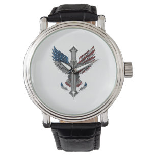 Patriotic Eagle Cross Vintage Engraving Vector Des Watch