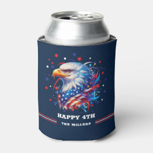 Patriotic Eagle Fireworks On Navy-Blue Can Cooler