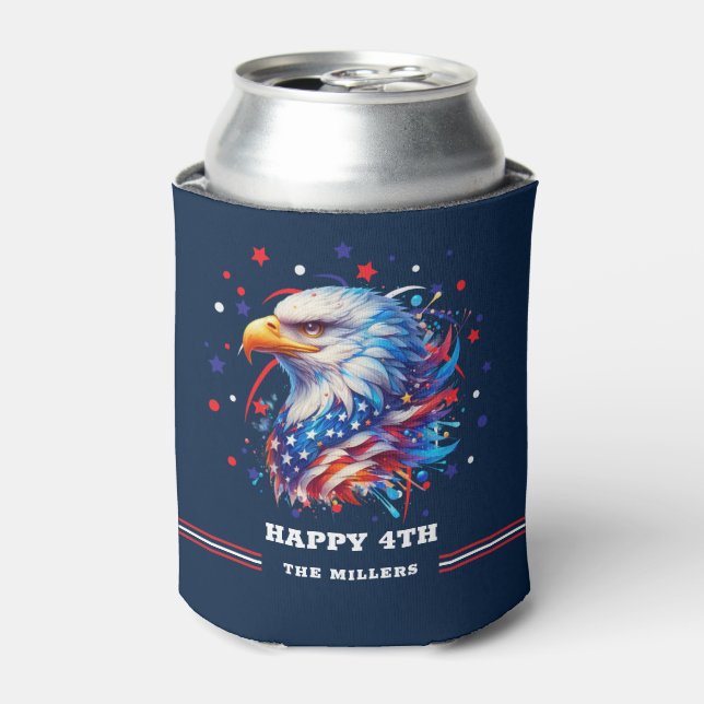  Patriotic Eagle Fireworks On Navy-Blue Can Cooler (Can Front)