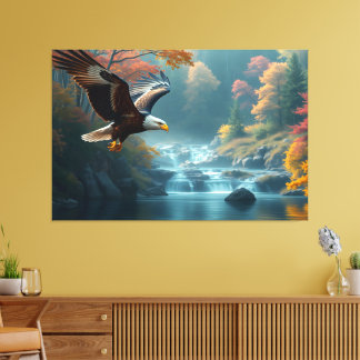 Patriotic Eagle Flying Over Waterfalls In Autumn Canvas Print