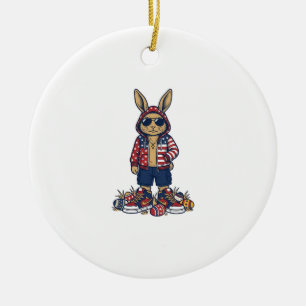 Patriotic Easter Bunny Vintage Vector Shirt_1 Ceramic Tree Decoration