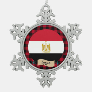 Patriotic Egypt, Red buffalo plaid, Egyptian Flag Snowflake Pewter Christmas Ornament
