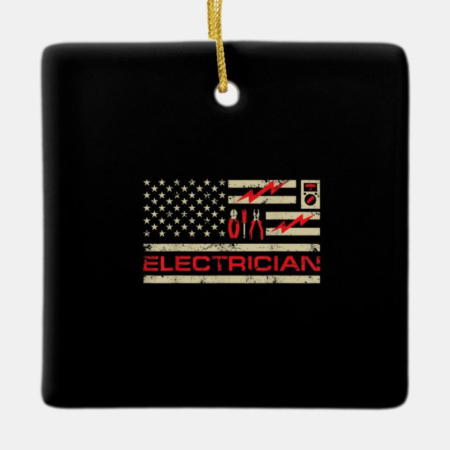 Patriotic Electrician American Flag Christmas Fars Ceramic Ornament (Front)