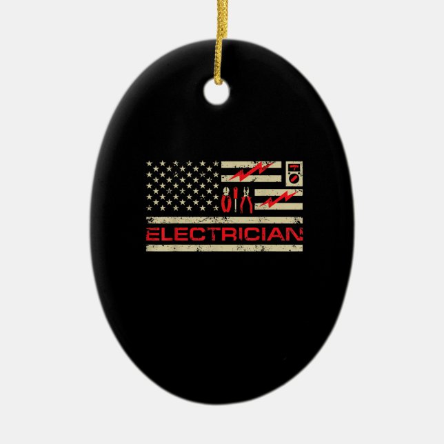 Patriotic Electrician American Flag Christmas Fars Ceramic Tree Decoration (Front)