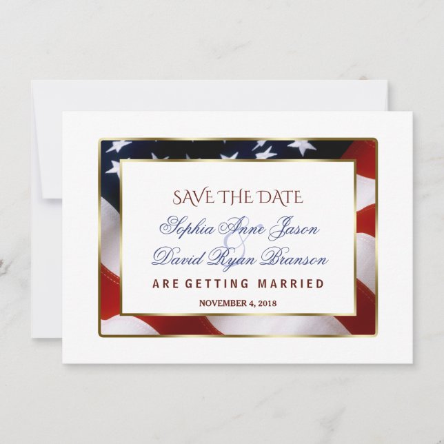 Patriotic, Elegant USA Flag Gold Save The Date (Front)