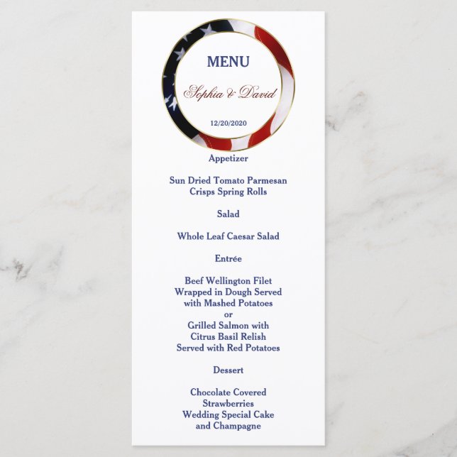 Patriotic, Elegant USA Flag Gold Wedding Menu (Front)