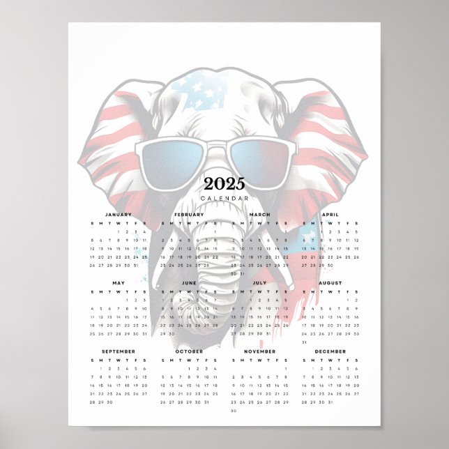 Patriotic Elephant Red White Blue 2025 Calendar Poster (Front)