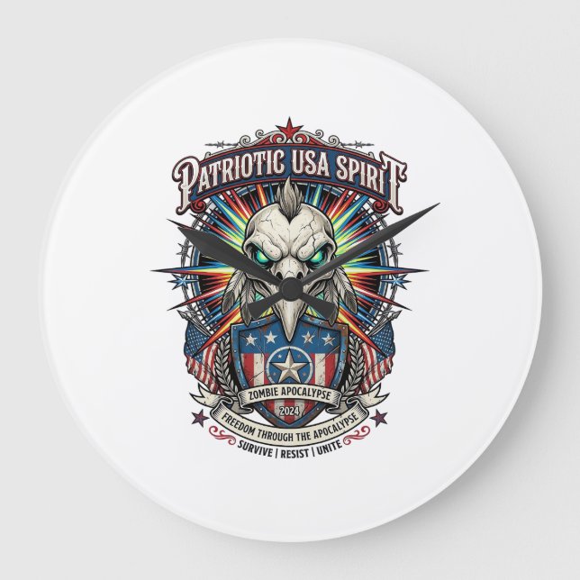 Patriotic End Of Days Eagle Skull Zombie Apocalyps Large Clock (Front)