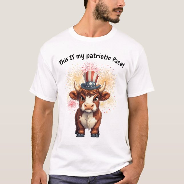 Patriotic face grumpy highland cow T-Shirt (Front)