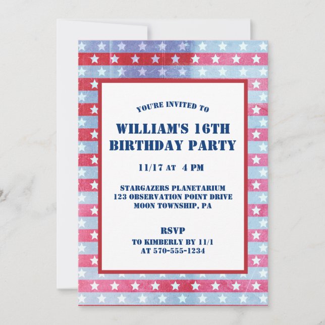 Patriotic Faded American Flag Red, White Blue Invitation (Front)