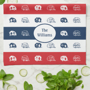 Patriotic Family Name Campers, Red, White and Blue Tea Towel