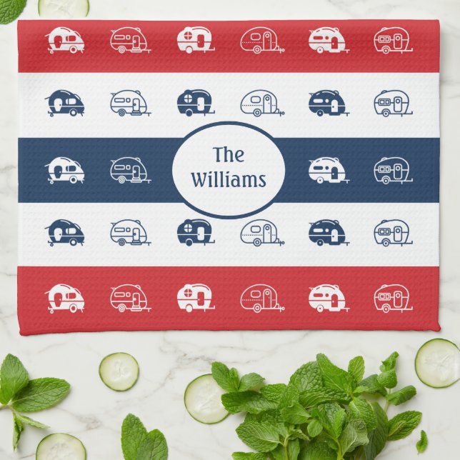 Patriotic Family Name Campers, Red, White and Blue Tea Towel (Folded)