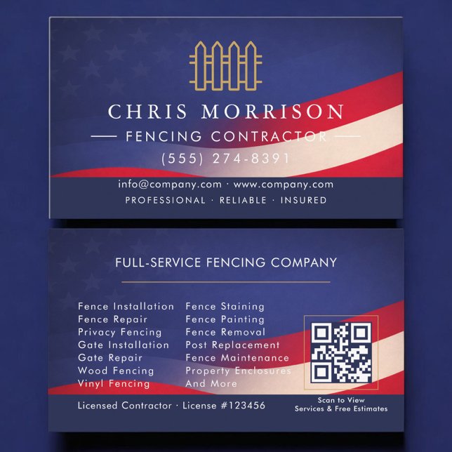 Patriotic Fencing Residential Commercial QR Code Business Card (Creator Uploaded)