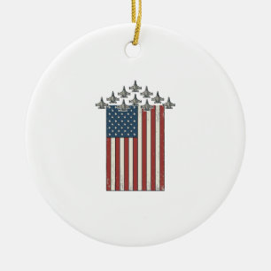 Patriotic Fighter Jet Flag Vintage Engraving Desig Ceramic Tree Decoration