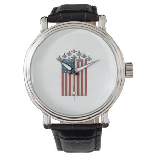 Patriotic Fighter Jet Flag Vintage Engraving Desig Watch